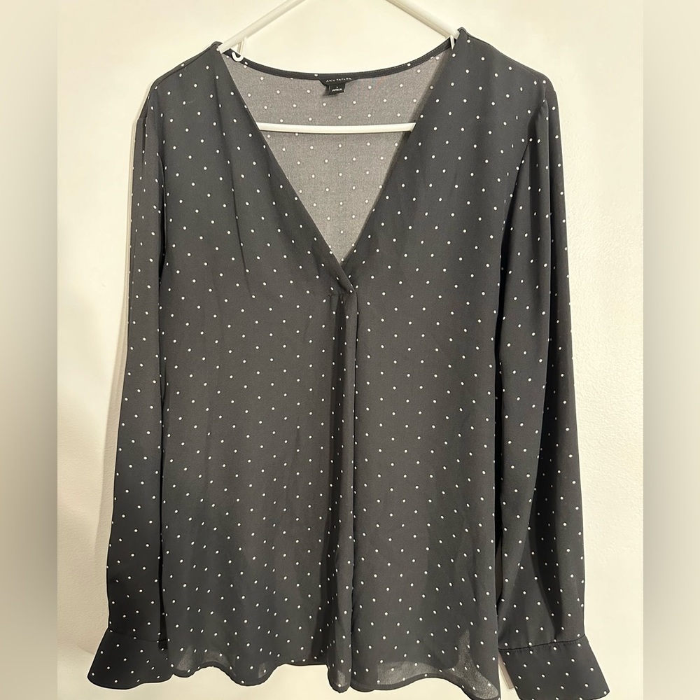 Ann Taylor - gray long sleeve blouse with white dots - size L